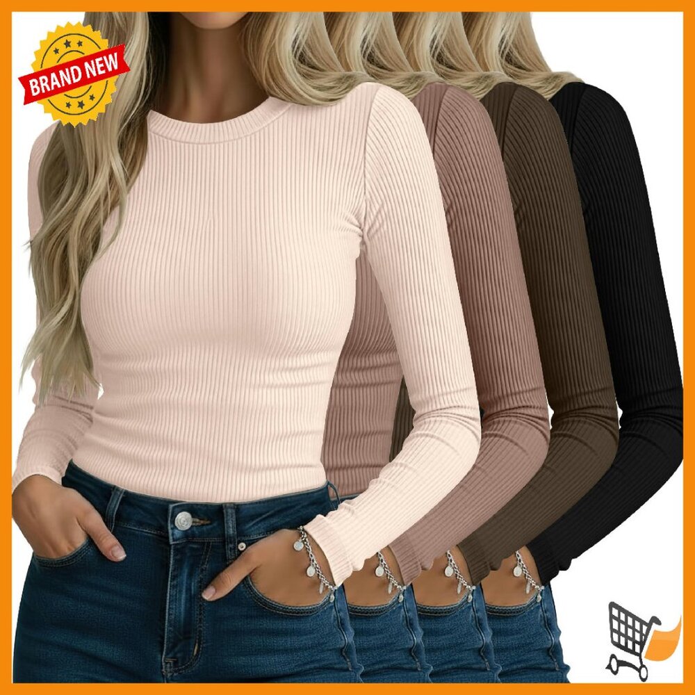 Women's Long Sleeve Ribbed Cotton Tees Slim Fit 4-Pack Basic Tops